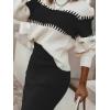 imagechouyatou Womens 2 Piece Sweater Skirt Sets Color Block Knit Sweater Top Bodycon Skirt Two Piece OutfitsBlack