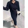 imagechouyatou Womens Cable Knit 2 Piece Outfits Crop Sweater Hoodie and Package Hip Bodycon Midi Skirt SetsBlack