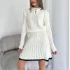 imagechouyatou Womens Cable Knit 2 Piece Outfits Long Sleeve Polo Sweater and Elastic Waist Pleated Mini Skirt SetsBeige White