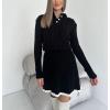 imagechouyatou Womens Cable Knit 2 Piece Outfits Long Sleeve Polo Sweater and Elastic Waist Pleated Mini Skirt SetsBlack