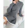 imagechouyatou Womens Cable Knit 2 Piece Outfits Long Sleeve Polo Sweater and Elastic Waist Pleated Mini Skirt SetsGray