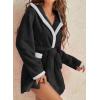 imagechouyatou Womens Color Block Plush Nightdress Hooded Loose Fit Pajama Dress Ultra Soft Bathrobe NightgownBlack