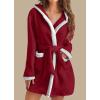 imagechouyatou Womens Color Block Plush Nightdress Hooded Loose Fit Pajama Dress Ultra Soft Bathrobe NightgownWine Red