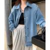 imagechouyatou Womens Denim Shacket Layered Button Down Jean Shirt Trucker Jacket Fall Outfits with PocketsBlue