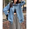 imagechouyatou Womens Denim Shacket Layered Button Down Jean Shirt Trucker Jacket Fall Outfits with PocketsBlue