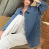 imagechouyatou Womens Denim Shacket Layered Button Down Jean Shirt Trucker Jacket Fall Outfits with PocketsBlue