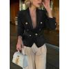 imagechouyatou Womens Fall Casual Notch Lapel Denim Blazer Suit Button Down Business Office Slim Fit Jean JacketBlack