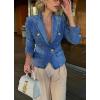 imagechouyatou Womens Fall Casual Notch Lapel Denim Blazer Suit Button Down Business Office Slim Fit Jean JacketDark Blue