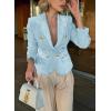 imagechouyatou Womens Fall Casual Notch Lapel Denim Blazer Suit Button Down Business Office Slim Fit Jean JacketLight Blue