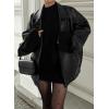 imagechouyatou Womens Vintage Faux Leather Bomber Jacket Double Breasted Oversized Coat Motorcycle JacketBlack