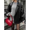 imagechouyatou Womens Vintage Faux Leather Bomber Jacket Double Breasted Oversized Coat Motorcycle JacketBlack