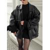 imagechouyatou Womens Vintage Faux Leather Bomber Jacket Double Breasted Oversized Coat Motorcycle JacketBlack