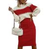 imagechouyatou Womens 2 Piece Sweater Skirt Sets Color Block Knit Sweater Top Bodycon Skirt Two Piece OutfitsRed