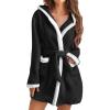 imagechouyatou Womens Color Block Plush Nightdress Hooded Loose Fit Pajama Dress Ultra Soft Bathrobe NightgownBlack