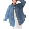 imagechouyatou Womens Denim Shacket Layered Button Down Jean Shirt Trucker Jacket Fall Outfits with PocketsBlue