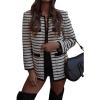 imagechouyatou Womens Elegant Striped Waffle Knit Blazer Jacket Open Front Collarless Suit Work OutfitsBlack White