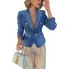 imagechouyatou Womens Fall Casual Notch Lapel Denim Blazer Suit Button Down Business Office Slim Fit Jean JacketDark Blue