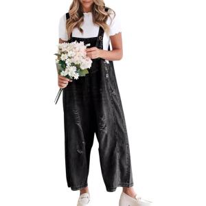imagechouyatou Women Loose Adjustable Strap Denim Bib Overall Jeans Distressed Wide Leg Baggy Overalls JumpsuitBlack