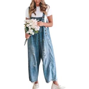 imagechouyatou Women Loose Adjustable Strap Denim Bib Overall Jeans Distressed Wide Leg Baggy Overalls JumpsuitBlue