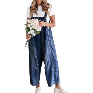 imagechouyatou Women Loose Adjustable Strap Denim Bib Overall Jeans Distressed Wide Leg Baggy Overalls JumpsuitDark Blue