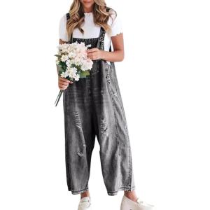 imagechouyatou Women Loose Adjustable Strap Denim Bib Overall Jeans Distressed Wide Leg Baggy Overalls JumpsuitGrey