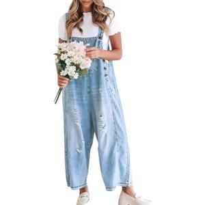 imagechouyatou Women Loose Adjustable Strap Denim Bib Overall Jeans Distressed Wide Leg Baggy Overalls JumpsuitLight Blue