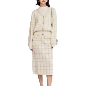 imagechouyatou Women Winter 2 Piece Sweater Skirt Sets Plaid Ribbed Knit Sweater Top Bodycon Midi Skirt OutfitsApricot