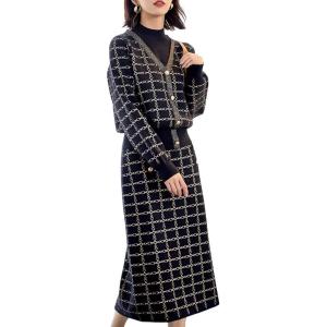 imagechouyatou Women Winter 2 Piece Sweater Skirt Sets Plaid Ribbed Knit Sweater Top Bodycon Midi Skirt OutfitsBlack