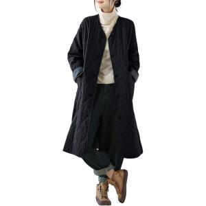 imagechouyatou Women Winter Collarless Quilted Down Coat Button Down Midi Long Quilted Jacket Puffer OvercoatBlack