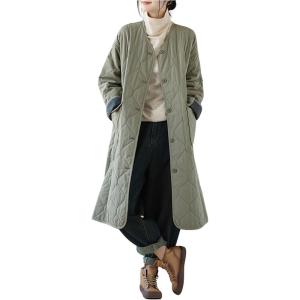imagechouyatou Women Winter Collarless Quilted Down Coat Button Down Midi Long Quilted Jacket Puffer OvercoatGreen