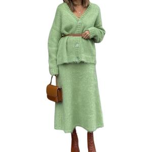 imagechouyatou Womens 2 Piece Outfits Fluffy Button Down Cardigan ALine Skirt Two Piece Sweater Skirt SetsGreen