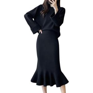 imagechouyatou Womens 2 Piece Outfits Long Sleeve Pullover Sweater and Package Hip Mermaid Midi Long Skirt SetsBlack