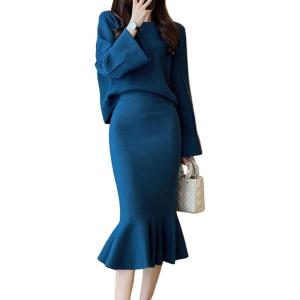 imagechouyatou Womens 2 Piece Outfits Long Sleeve Pullover Sweater and Package Hip Mermaid Midi Long Skirt SetsBlue