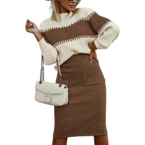 imagechouyatou Womens 2 Piece Sweater Skirt Sets Color Block Knit Sweater Top Bodycon Skirt Two Piece OutfitsBrown