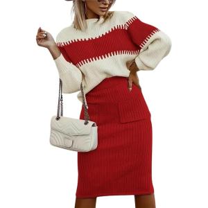 imagechouyatou Womens 2 Piece Sweater Skirt Sets Color Block Knit Sweater Top Bodycon Skirt Two Piece OutfitsRed