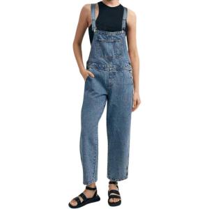 imagechouyatou Womens Adjustable Strap Denim Bib Overall Straight Leg Baggy Utility Cargo Jeans JumpsuitBlue