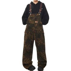 imagechouyatou Womens Adjustable Straps Leopard Denim Bib Overalls Wide Leg Jeans Jumpsuit Rompers with PocketsLeopard