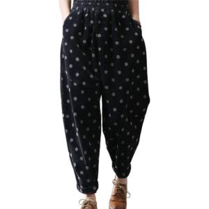 imagechouyatou Womens Baggy Loose Corduroy Pants Polka Dot Printed Elastic High Waisted Straight Leg TrouserBlack
