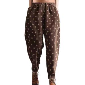 imagechouyatou Womens Baggy Loose Corduroy Pants Polka Dot Printed Elastic High Waisted Straight Leg TrouserBrown