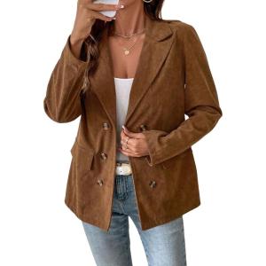 imagechouyatou Womens Business Casual Corduroy Blazer Jacket Notch Lapel Double Breasted Suit JacketCoffee Brown