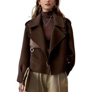 imagechouyatou Womens Business Casual Wool Coat Suit Top Open Front Loose Dressy Blazer Jacket Trench CoatBrown