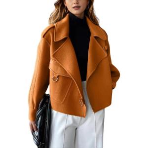 imagechouyatou Womens Business Casual Wool Coat Suit Top Open Front Loose Dressy Blazer Jacket Trench CoatDark Yellow