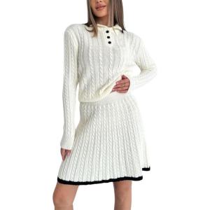 imagechouyatou Womens Cable Knit 2 Piece Outfits Long Sleeve Polo Sweater and Elastic Waist Pleated Mini Skirt SetsBeige White
