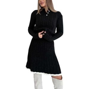 imagechouyatou Womens Cable Knit 2 Piece Outfits Long Sleeve Polo Sweater and Elastic Waist Pleated Mini Skirt SetsBlack