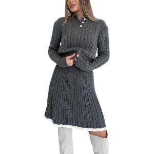 imagechouyatou Womens Cable Knit 2 Piece Outfits Long Sleeve Polo Sweater and Elastic Waist Pleated Mini Skirt SetsGray
