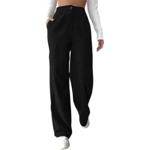 imagechouyatou Womens Casual High Waisted Wide Straight Leg Corduroy Pants TrousersBlack
