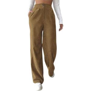 imagechouyatou Womens Casual High Waisted Wide Straight Leg Corduroy Pants TrousersBrown
