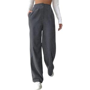 imagechouyatou Womens Casual High Waisted Wide Straight Leg Corduroy Pants TrousersDark Grey