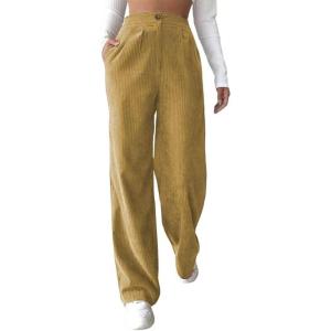 imagechouyatou Womens Casual High Waisted Wide Straight Leg Corduroy Pants TrousersKhaki