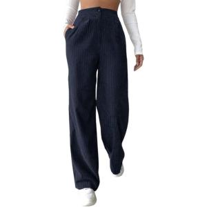 imagechouyatou Womens Casual High Waisted Wide Straight Leg Corduroy Pants TrousersNavy